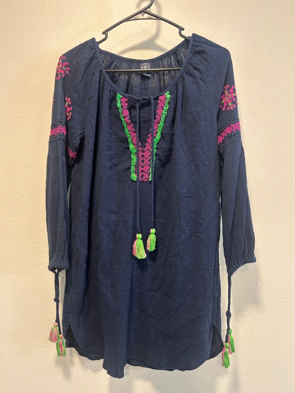 Navy Embroidered Peasant Tunic/Swimsuit coverwith Pink & Green Accents